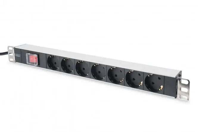 DIGITUS® aluminum outlet strip with overload protection, 7 safety outlets, 2 m supply safety plug